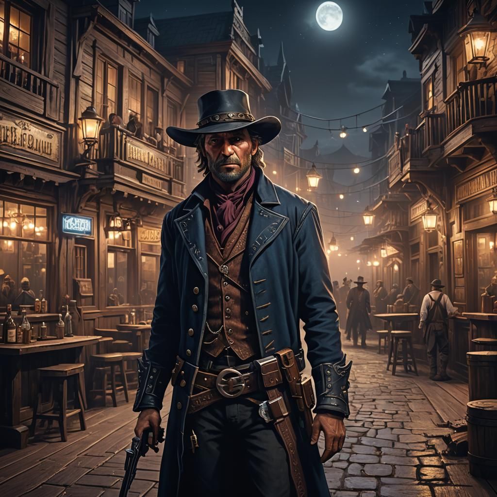 an outlaw in a saloon at night