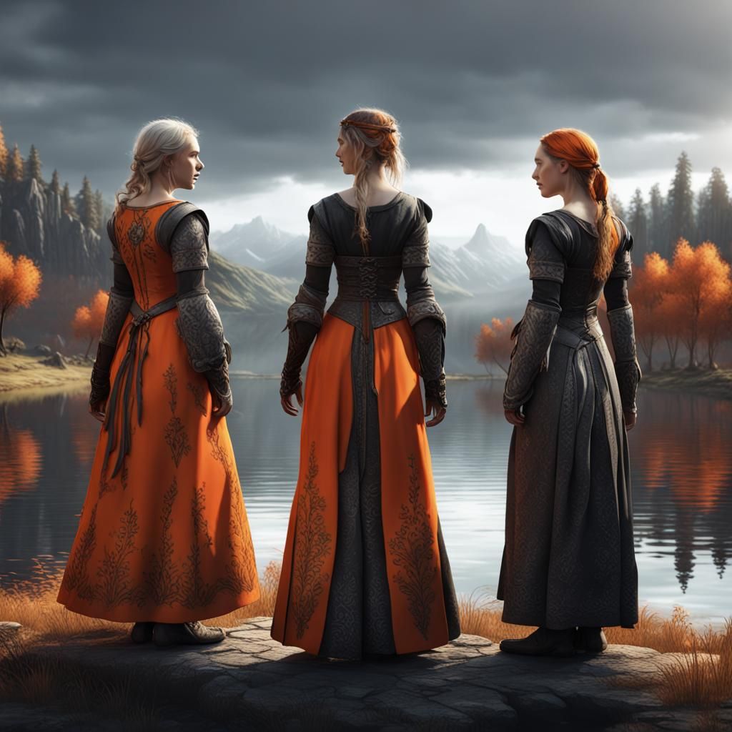 3 girls around a lake, Medieval clothing, Shech, Hand-drawn,...