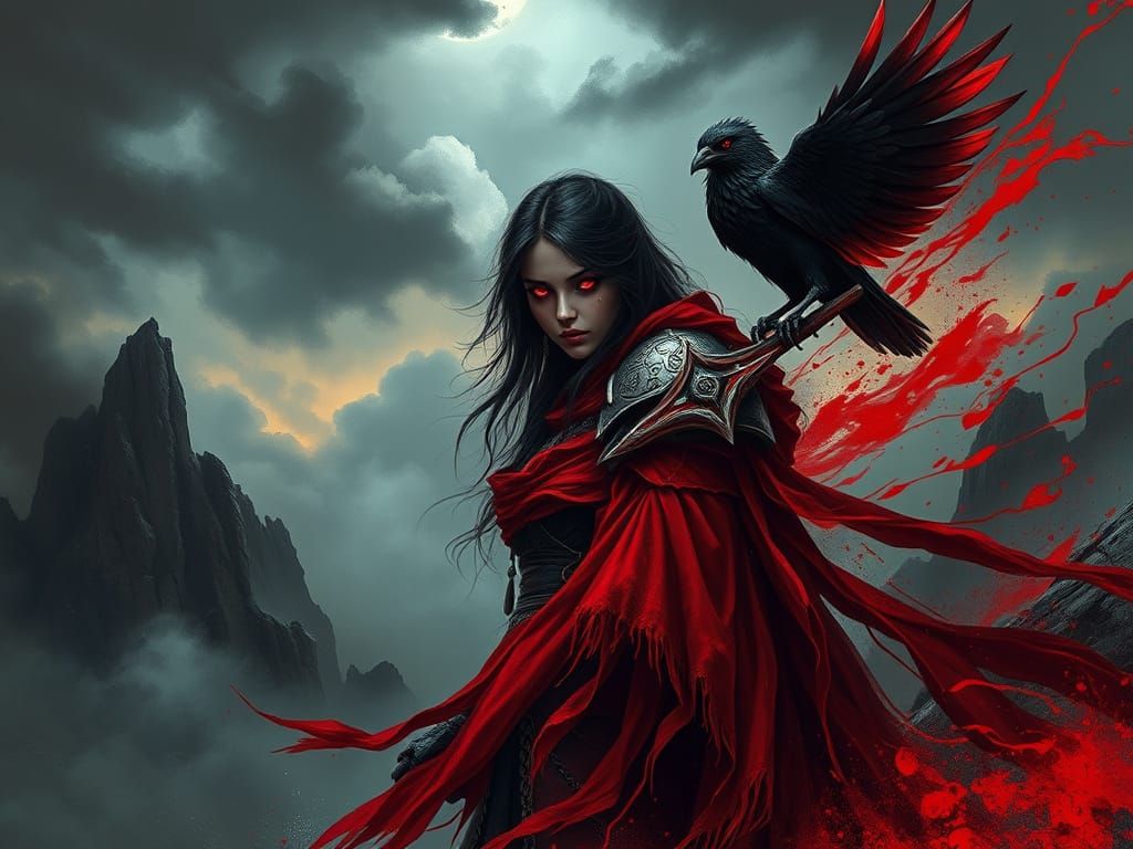 A hauntingly beautiful warrior, draped in flowing red and black robes, stands atop a jagged cliff under ...  by @Voldemort