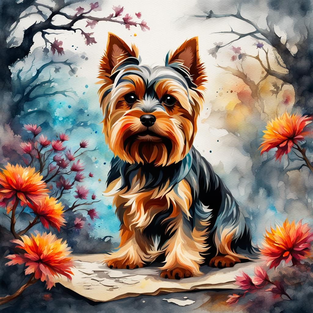 watercolor background, A yorkshire terrier Dog looking forwa...