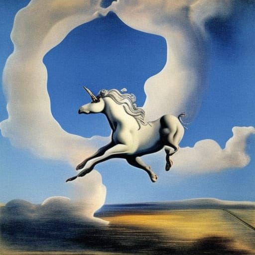 A white unicorn flies among the clouds blue sky, pictorial D...