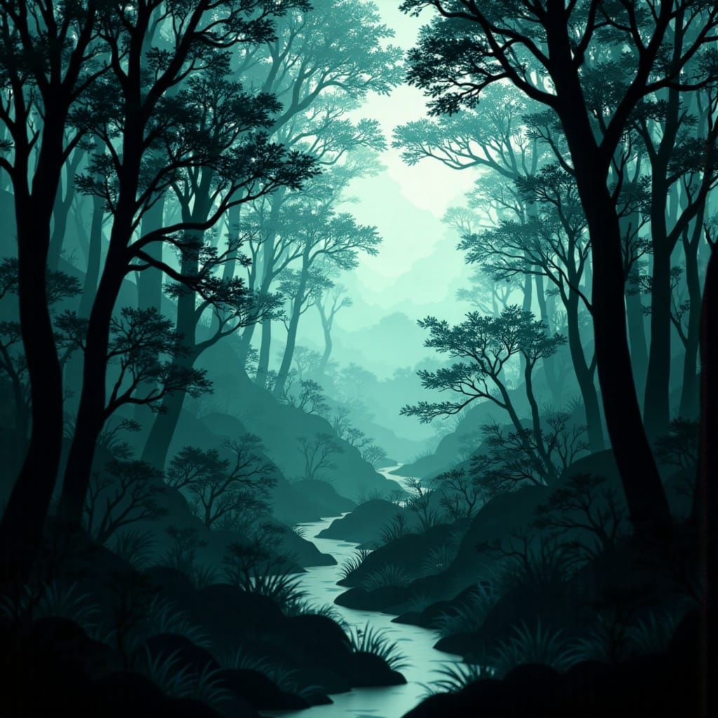 <lora:Shadowbox Cutscape:1.0> In an awe-inspiring forested valley there is a huge logo with amazing Cut-out Text: "Shadowbox ~Cutscape~", wi...