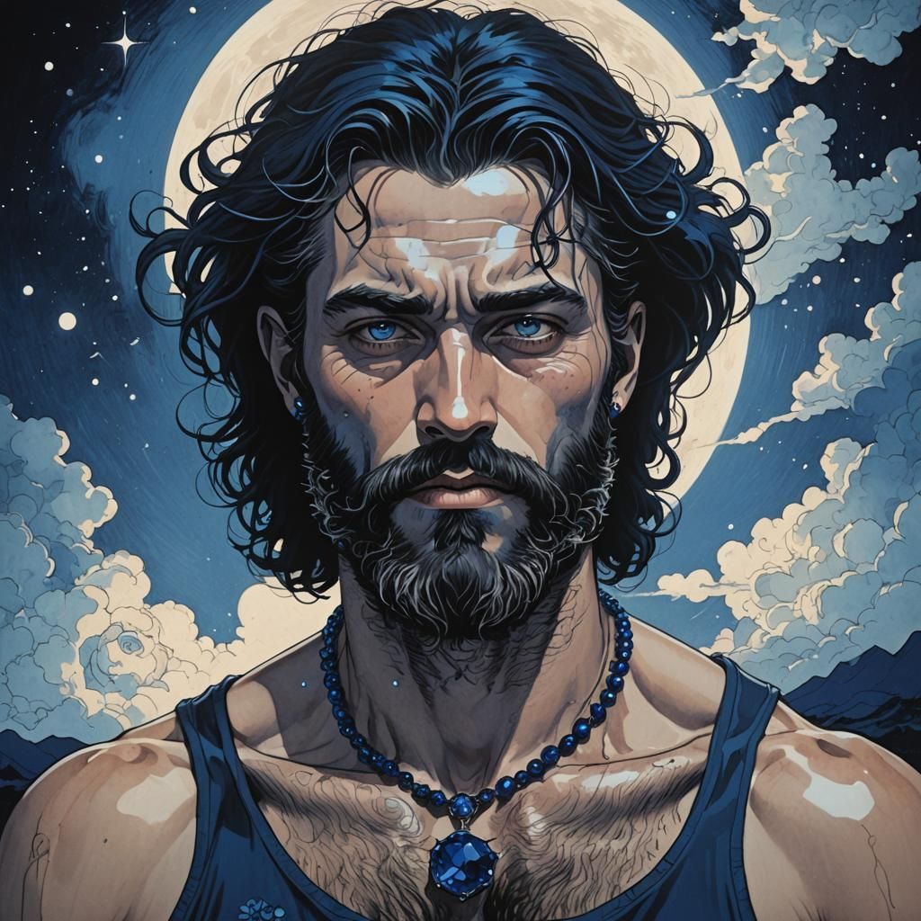 Handsome bearded rugged man with sapphire  jewelry
