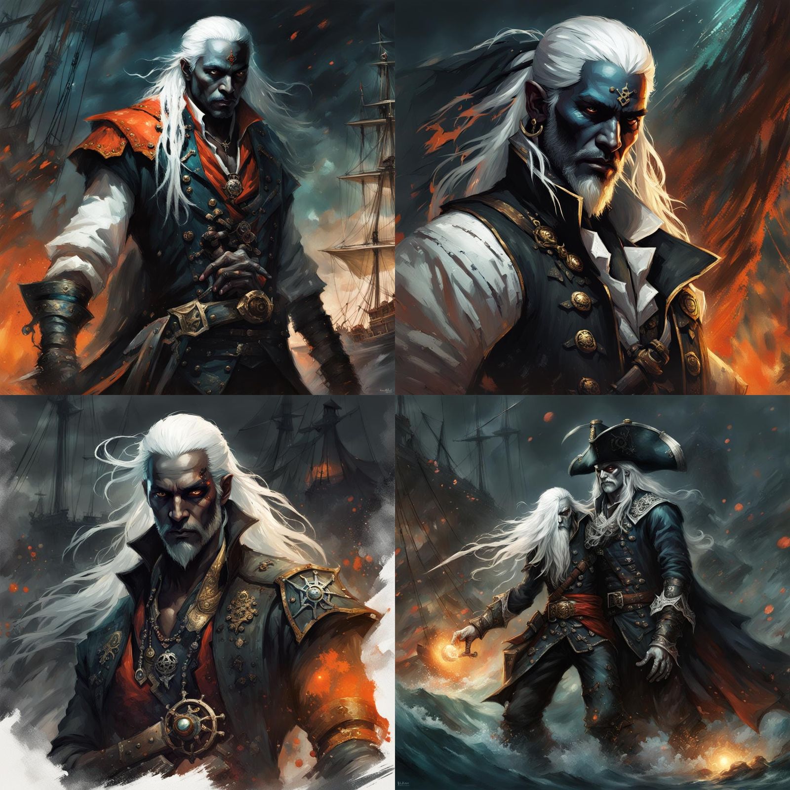 Male Drow, dressed as a pirate captain, worshipper of the Sp...