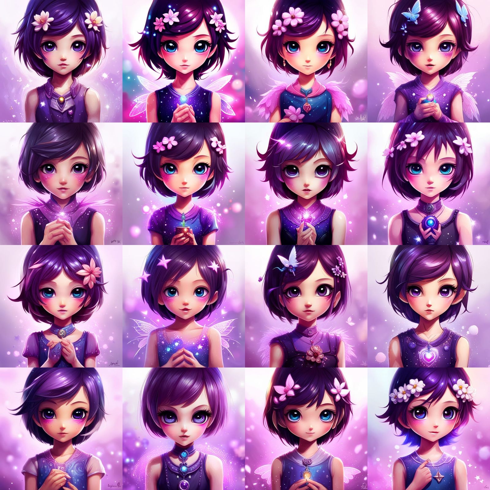 Purple, portrait of a_cute chibi glitter purple Fairy , magical fairy dust Sparkles, Appearance: gorgeous face, big_cute...