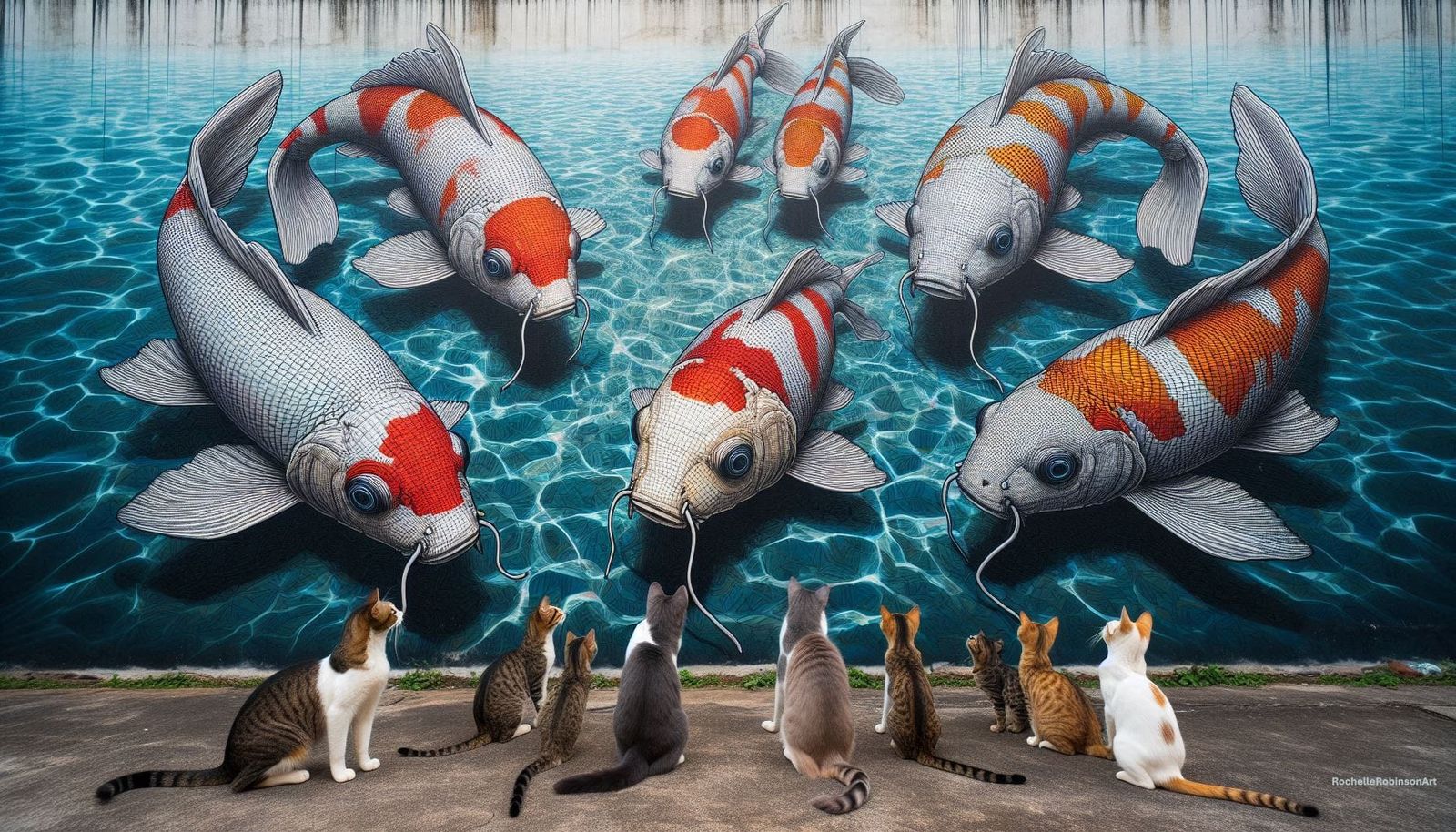 Koi and Cats - Wireframe Street Art
