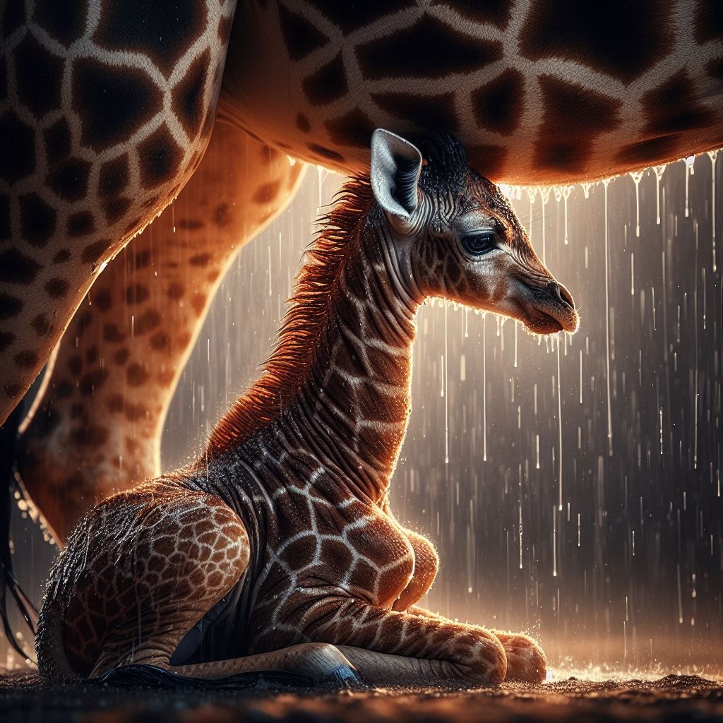 Giraffe calf taking shelter under her mom.