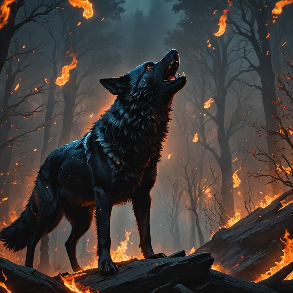 Fiery Black Wolf Howling in Dark Fantasy Art