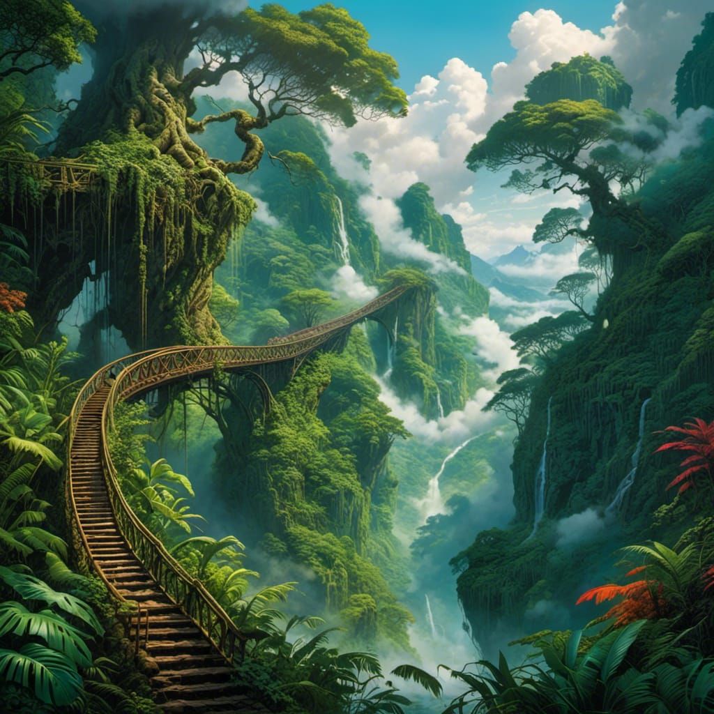 <lora:gnarly:1.0> Rainforest lush mist fog gnarly trees above ground roots river bridge mountains thick clouds epic intricate dramatic moody