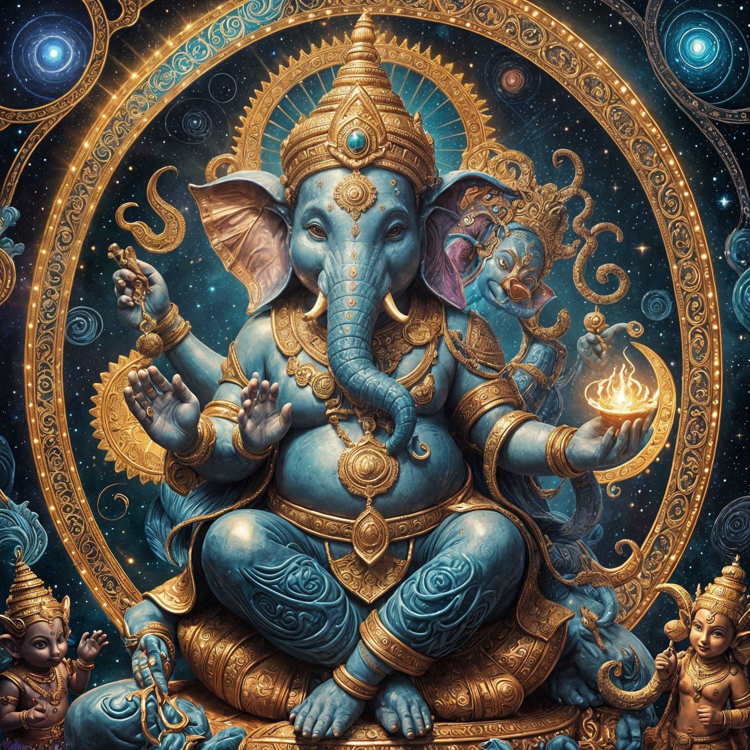 Lord Ganesha has a smile, has 4 arms, looks like a millionaire with dharma deposits and a light behind the universe. There are 2 Nagas cover...
