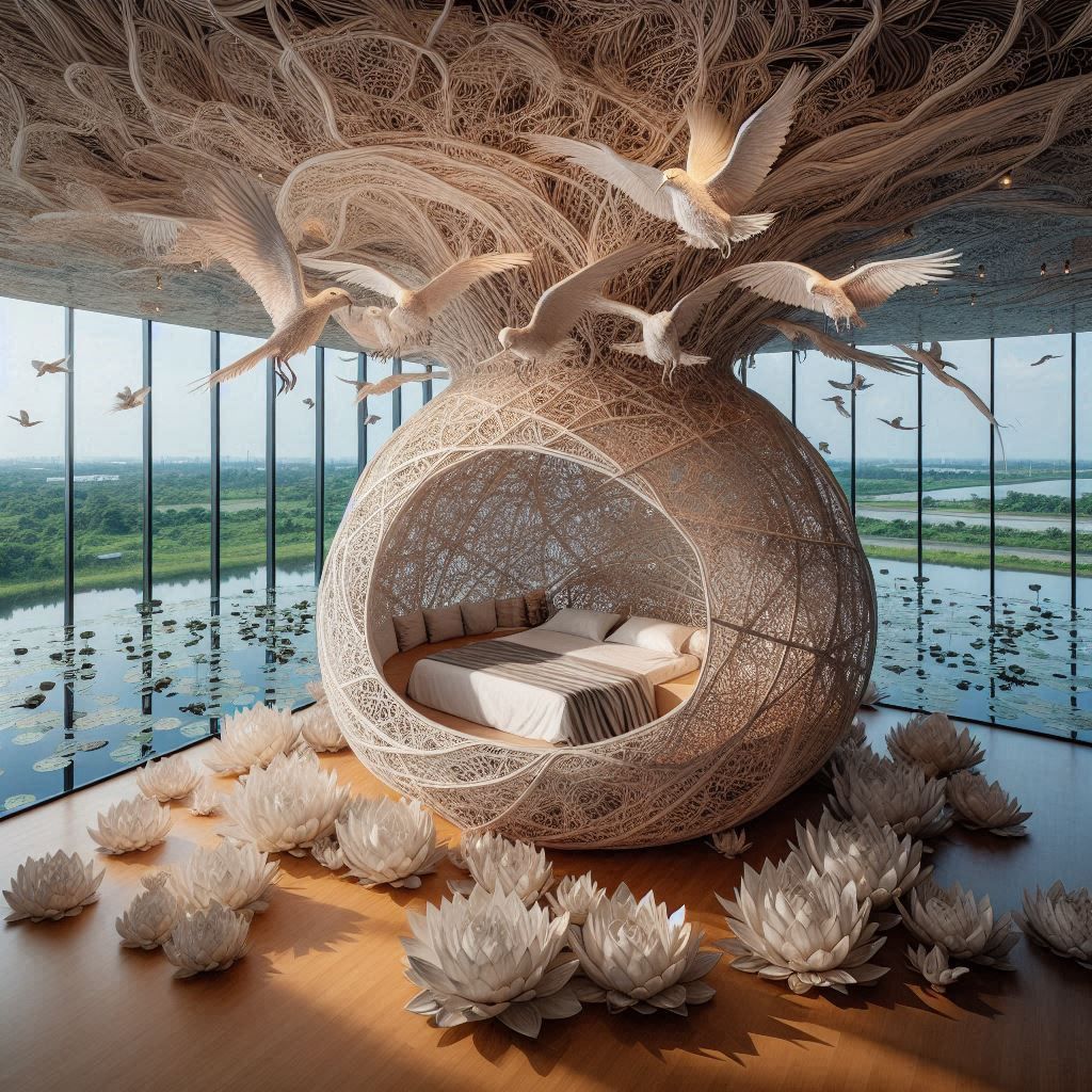 imaginative bed designed in the shape of huge nest, in a hug...