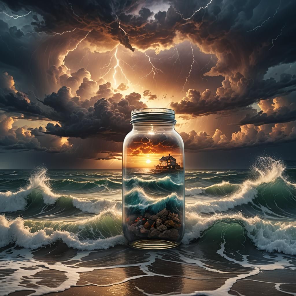 Sunset by the sea in a glass jar, big waves, storm clouds, lightning in the background  by @Modra Reizniece