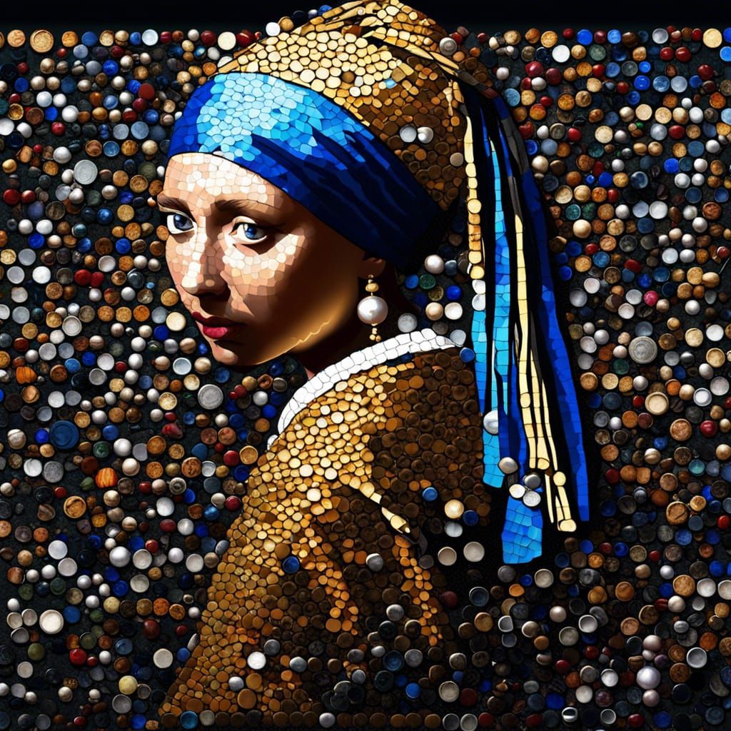 Johannes Vermeer's work, Girl with a Pearl Earring, made like a bottle cap mosaic  by @Siul Namor