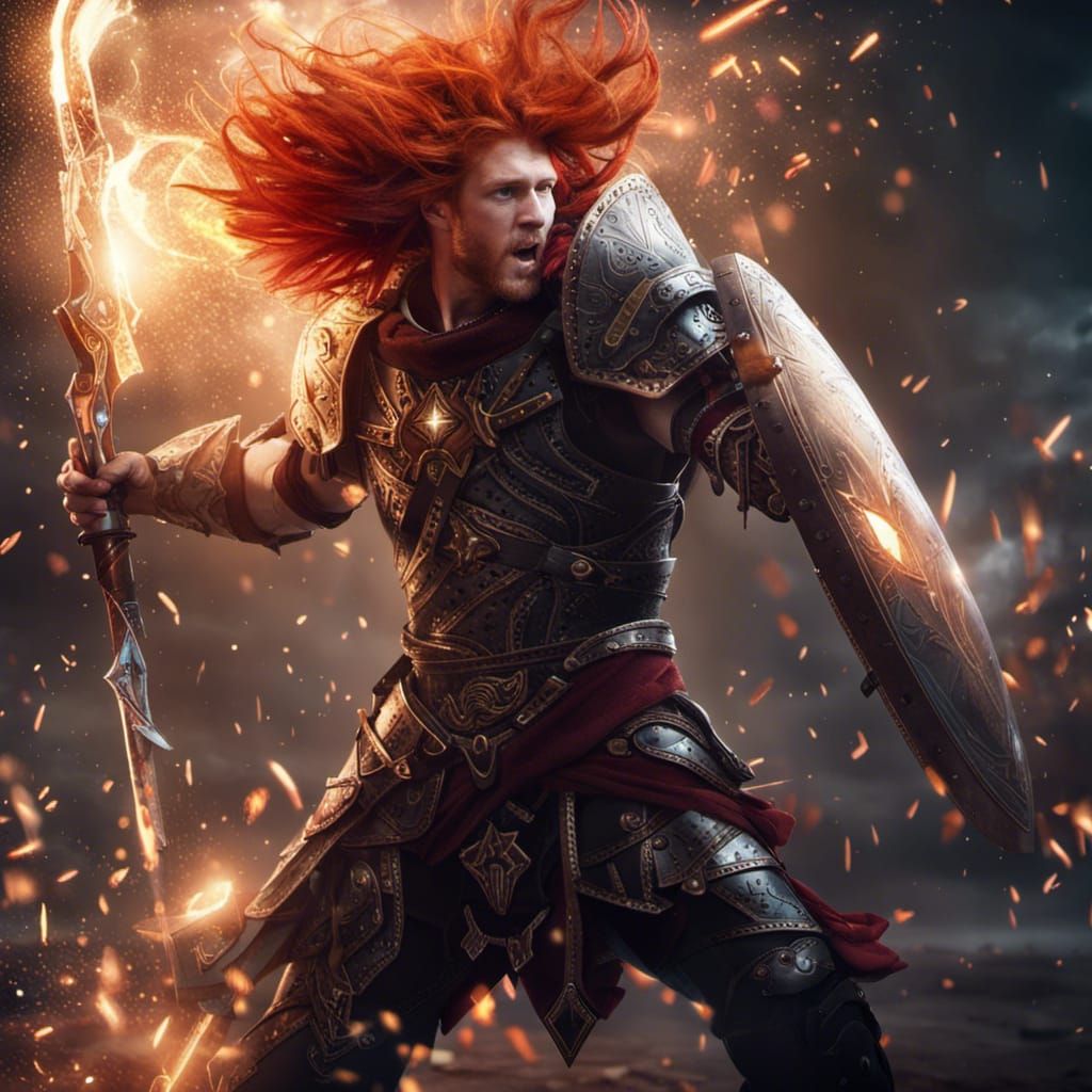 A young human fighter with wild red hair.