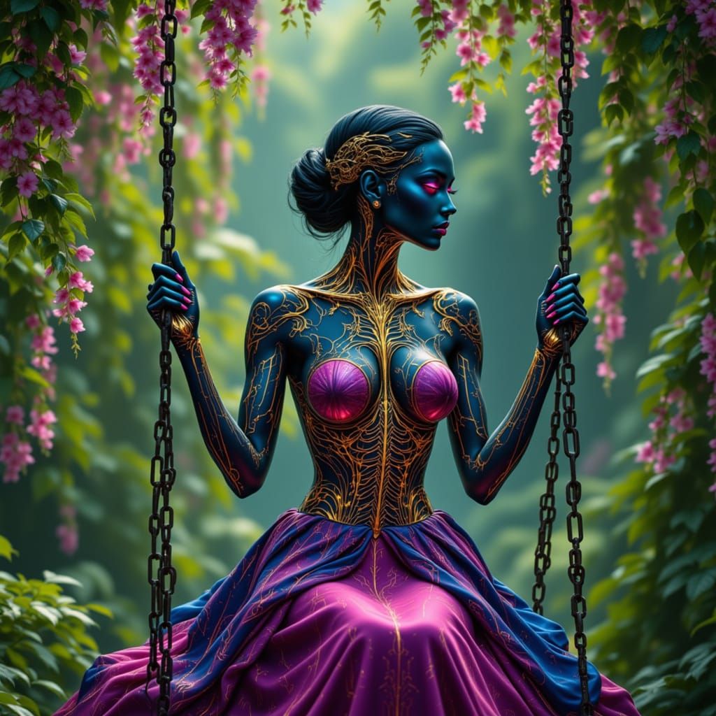 <lora:True Bioluminescence:1.0> A bioluminescent female figure poised elegantly on a vintage wrought-iron swing, her form blending organic c...