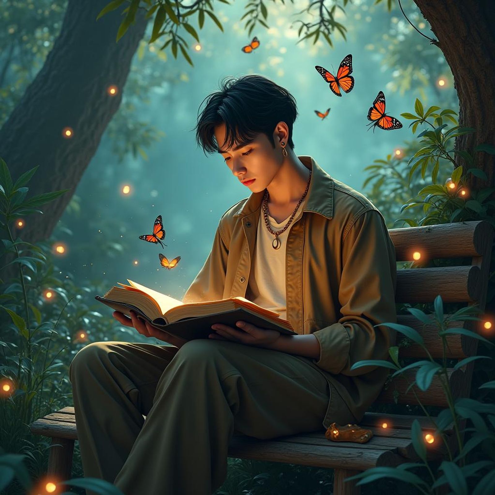 KPOP BAND BTS MEMBER KIM TAEHYUNG SITTING ON A BENCH IN THE JUNGLE AMD