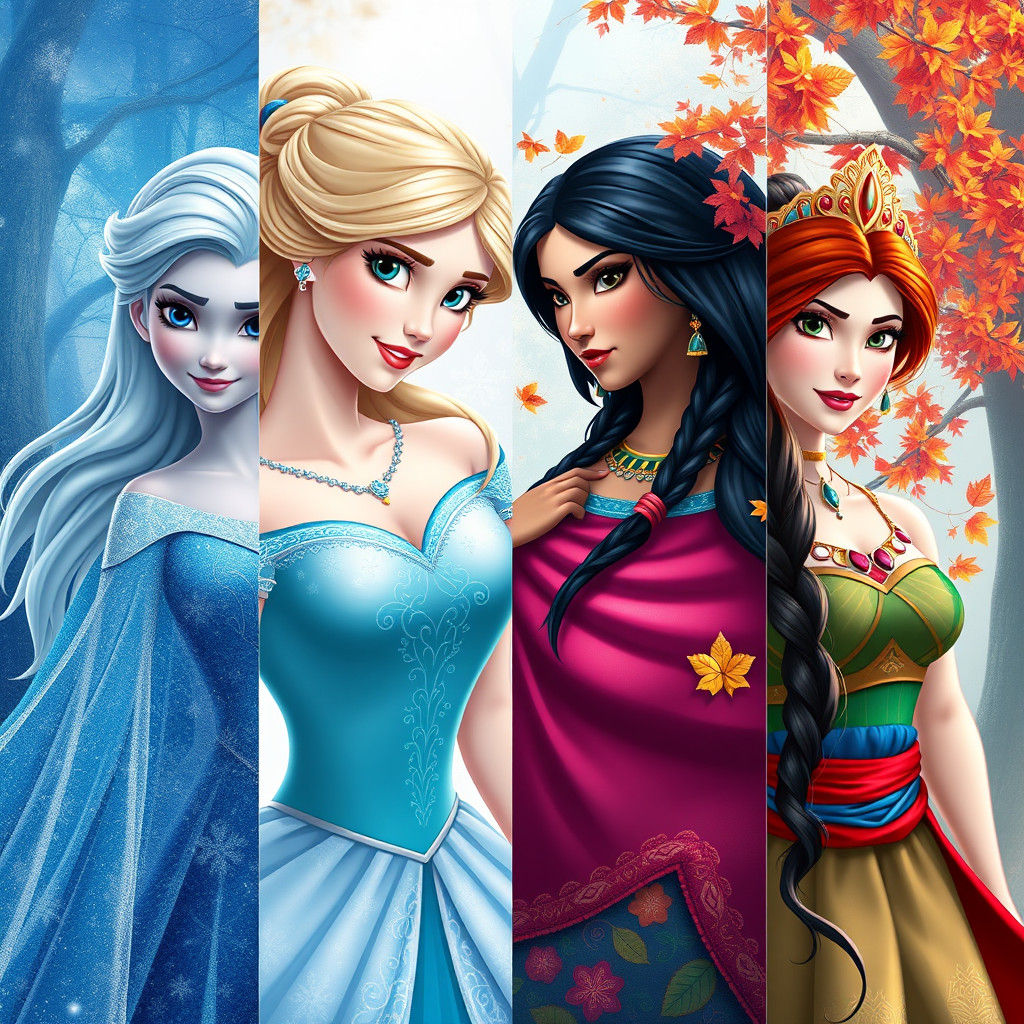 Disney princesses Winter Frozen, Spring Snow White,
Summer Pocahontas, Autumn Mulan, hyper-detailed, ...  by @Francy