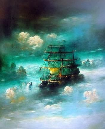 A galleon navigates on a turquoise stormy sea in 1600s