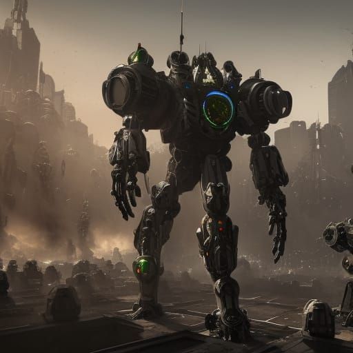 Maniac in armor facing a horde of machines