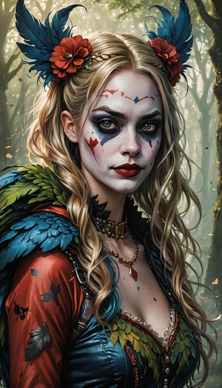 realistic portrait of harley quinn an flowing hair dressed i...