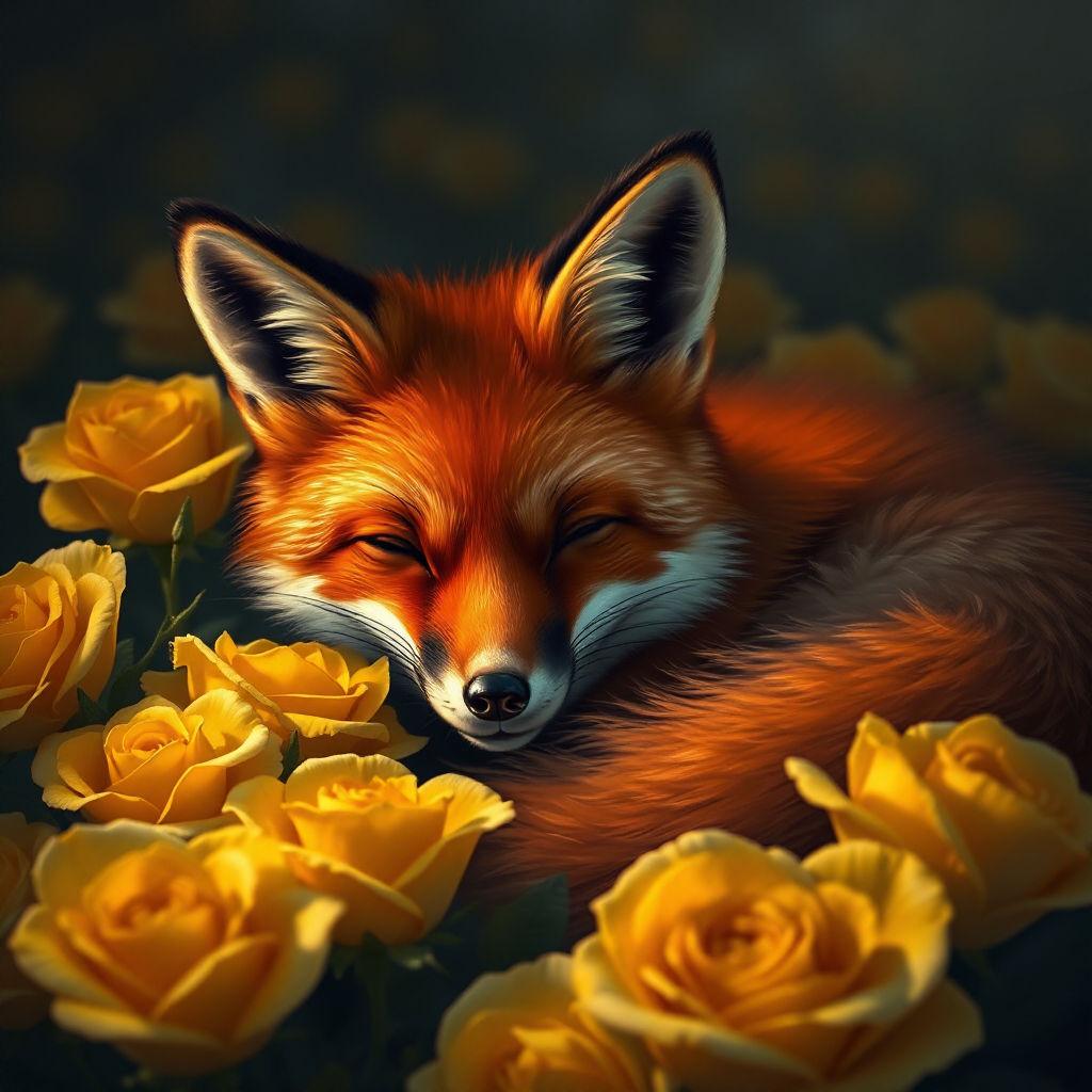A Red Fox laying on a bed of Roses