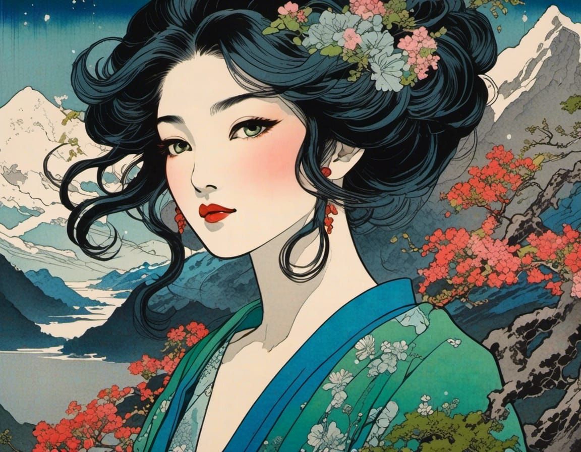 <lora:Animation:1.0> colorful japanese woodblock print, woman portrait with flowing wild hair, black hair with blue glitter, mountainscape b...