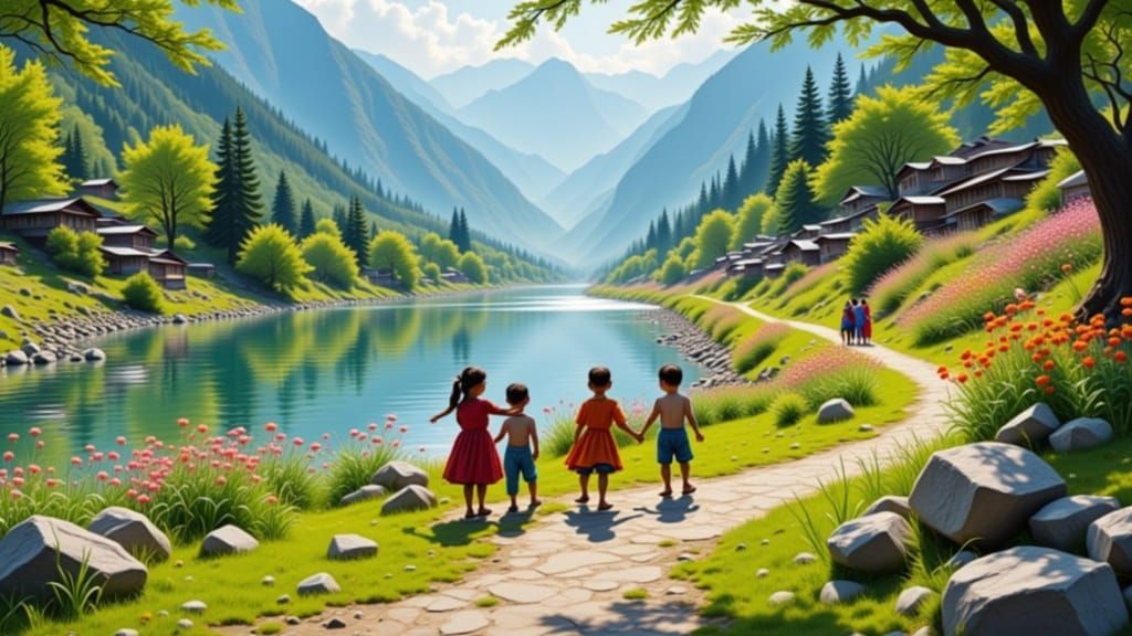 Happy children play by a river in a village in the Himalayas in spring, image in the style of Paul Cezanne. <lora:Artistic Landscapes:1.0>