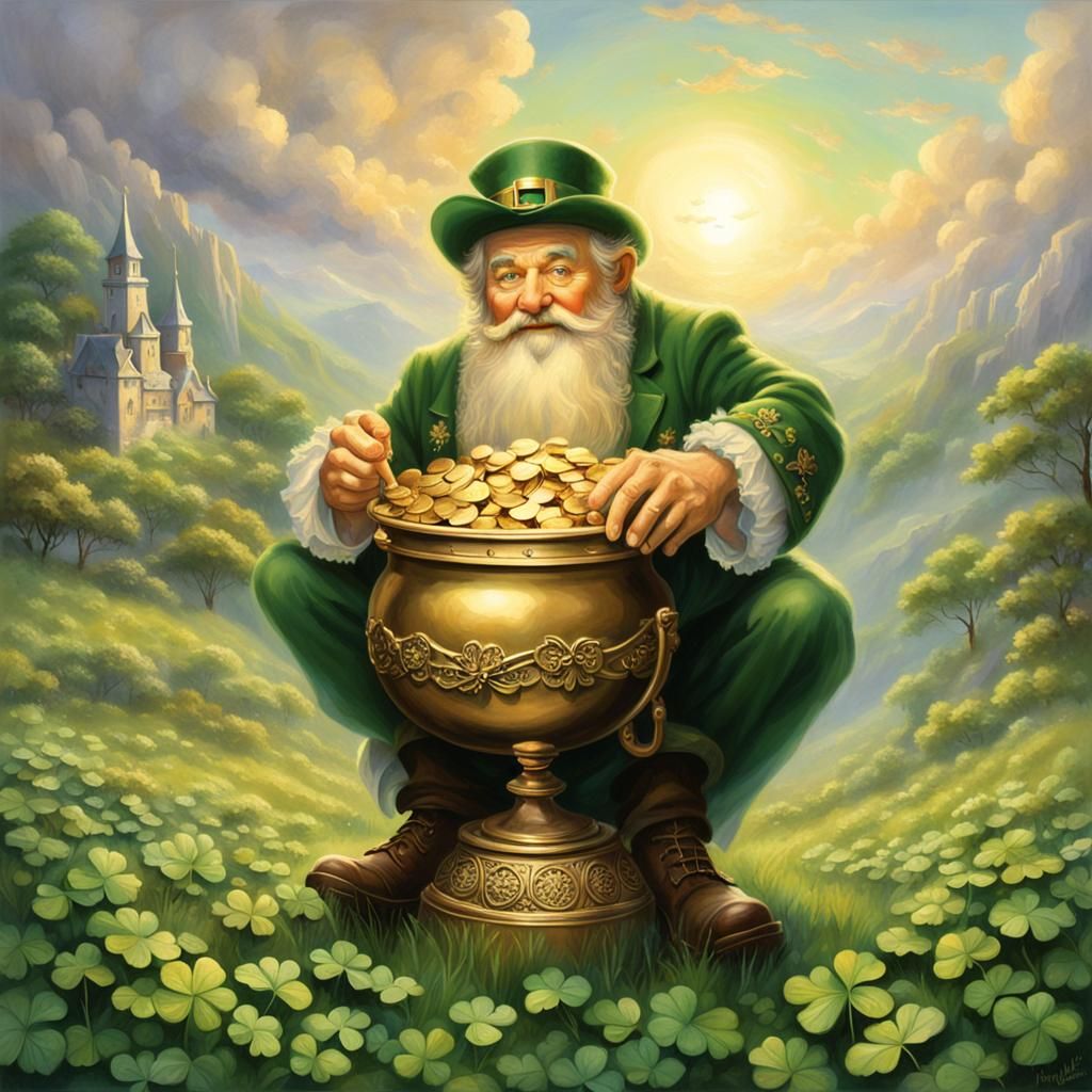 leprechaun with pot of gold surrounded by shamrocks,