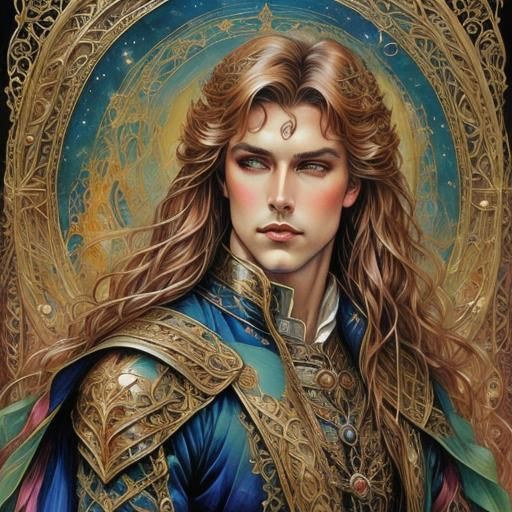 <lora:SketchArk v8:1.0> Dark long haired handsome Prince Charming. Rebecca Guay Victoria Frances Josephine Wall 