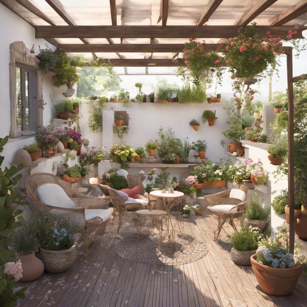 cozy seating area with flower pots in the blooming garden, by Marisa Redondo, Pascale Campion and Gediminas Pranckeviciu...