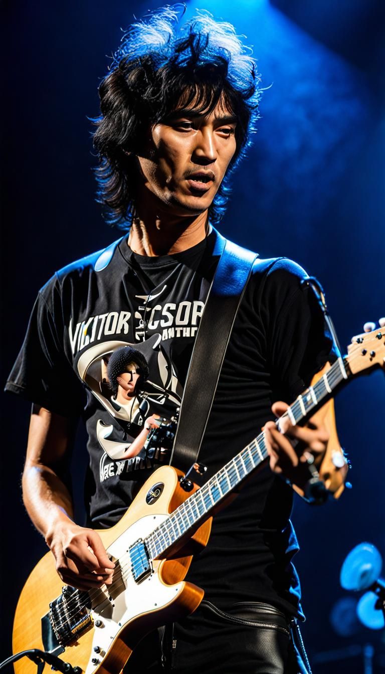 Viktor Tsoi gives a concert with a guitar and a microphone with an