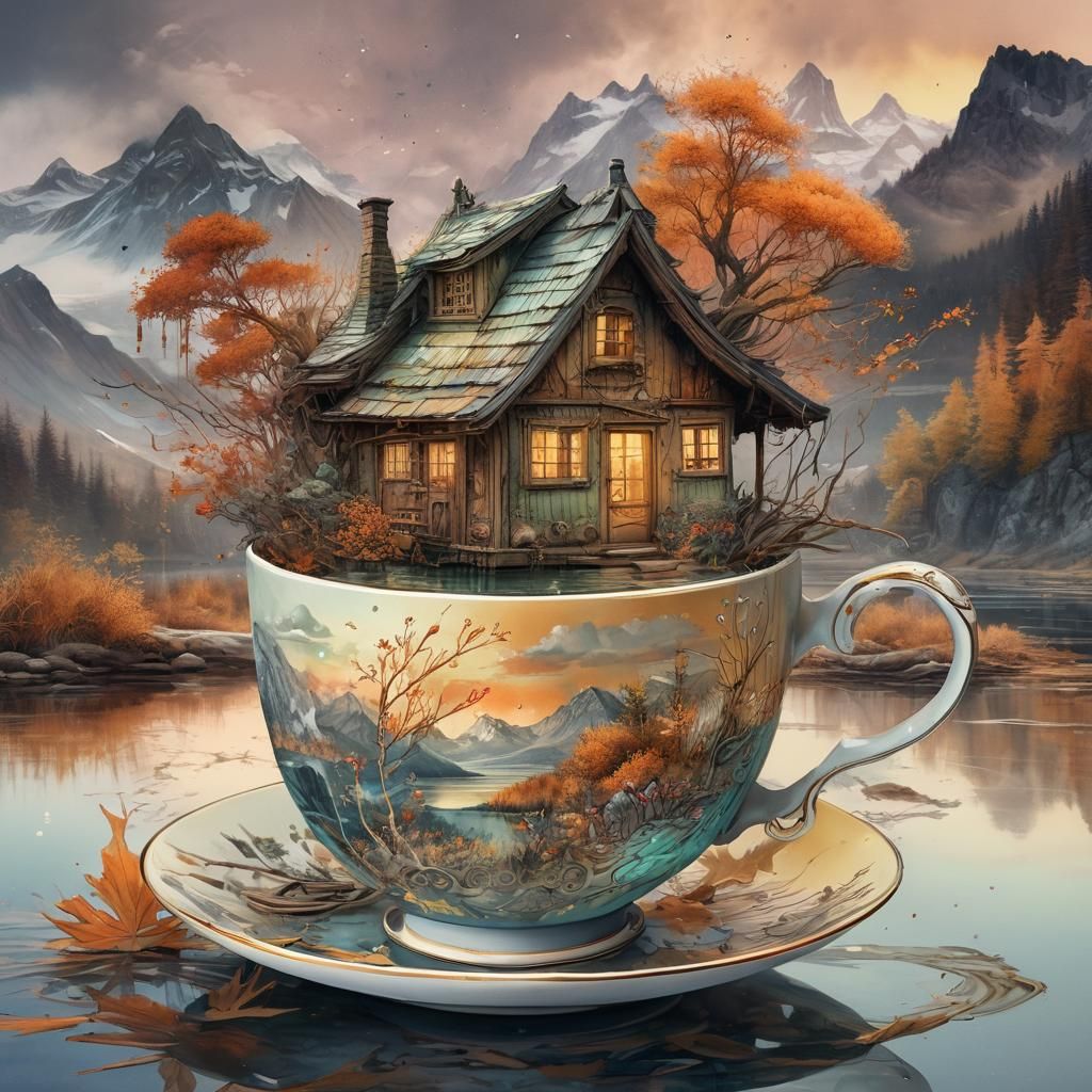 Wooden cabin in a teacup   by @Vochomurka