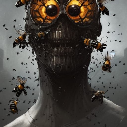 A bee keeper wearing all black with scary large zombie bees ...