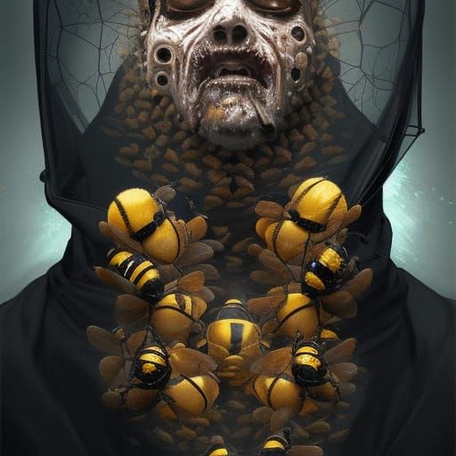 A bee keeper wearing all black with scary large zombie bees ...