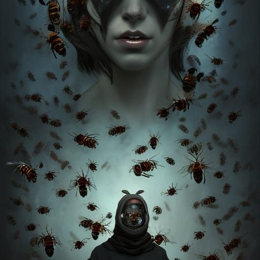 A bee keeper wearing all black with scary large zombie bees ...