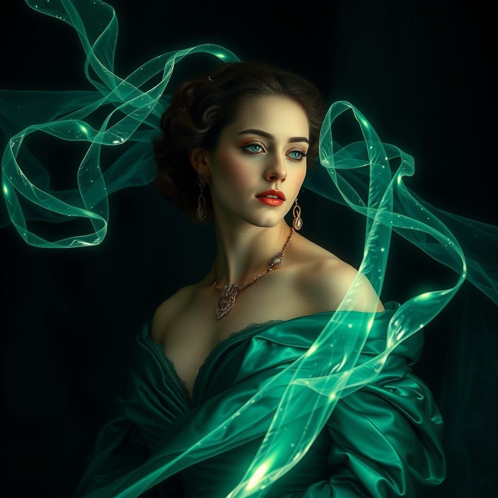 Baroque Noblewoman with Luminous Holographic Ribbons