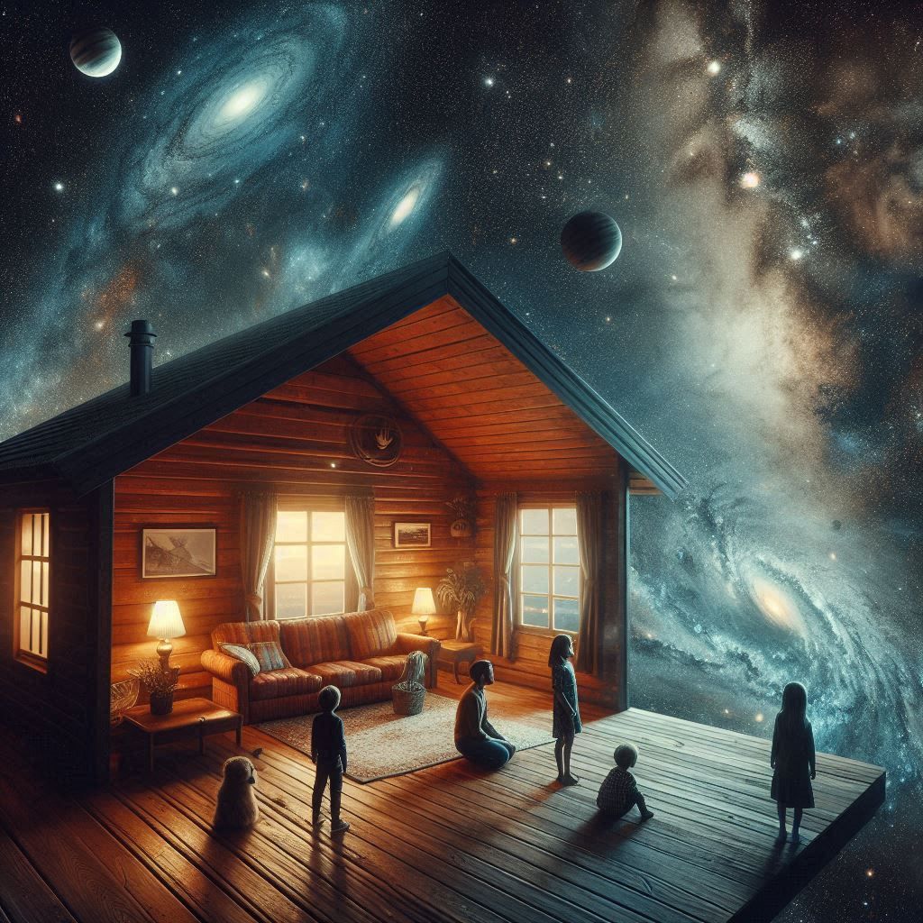 A surreal scene of a family stranded in a cozy, vintage cabin floating in the vast expanse of space.