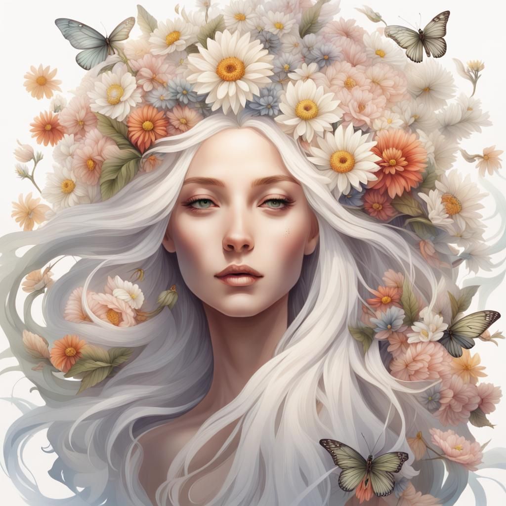 A flower goddess with long flying white hair and flowers of ...