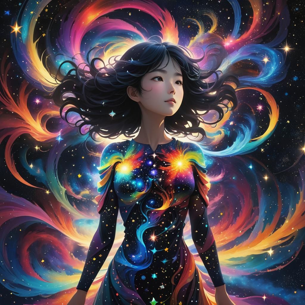 Silhouette of a woman's body filled with swirling stars, vib...