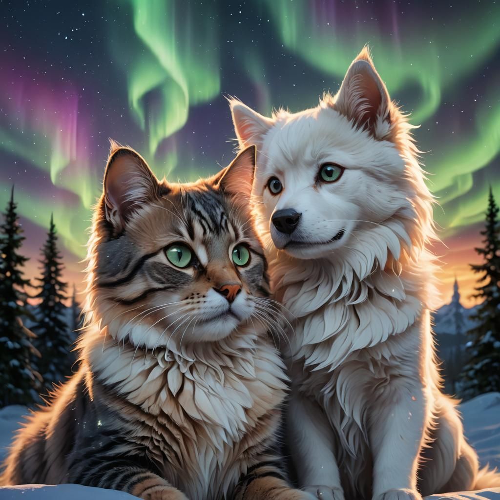 Cute dog and cat sitting next to each other with northern li...
