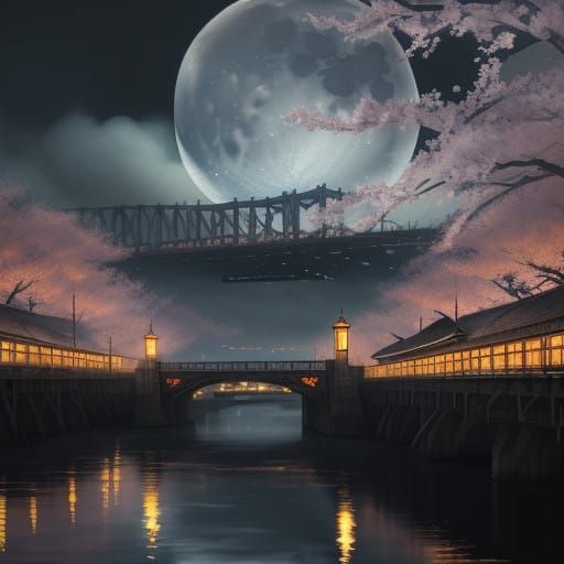 Moonlit Tejo River in Traditional Japanese Woodblock Style
