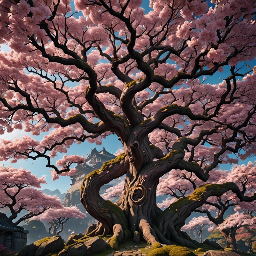 A beautiful ancient sakura tree in front of a la