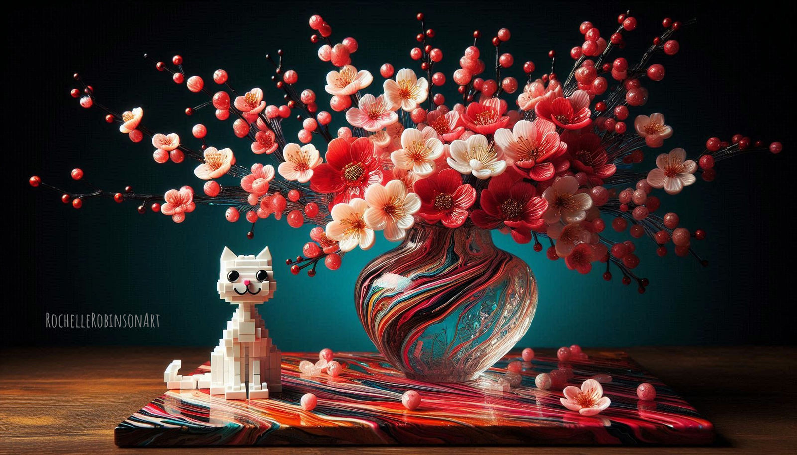 Cat and a Vase of Flowers