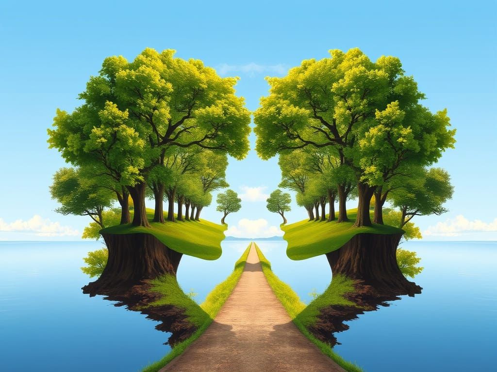 Symmetrical Nature Faces Unite in Serene Landscape