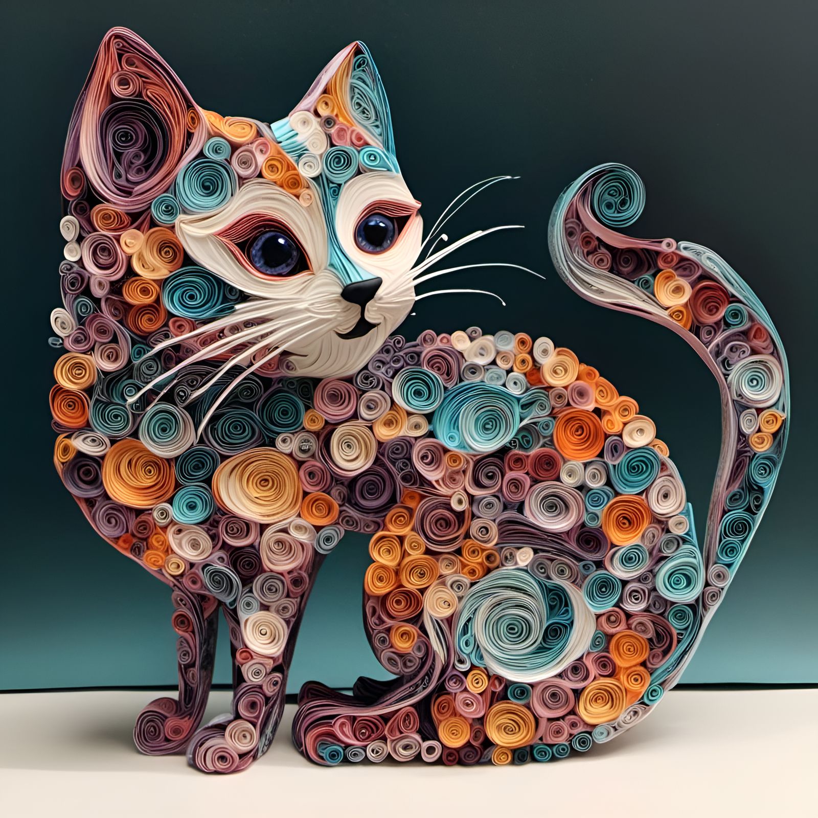  <lora:SpinSpine:1.0> 3D cat, quilled paper, polished tiles, metal