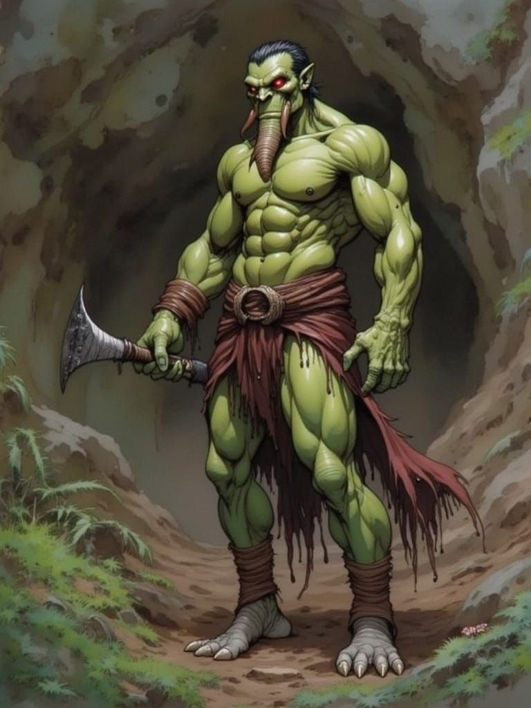 <lora:Alfa Caeli:1.0> has tusks, extremely muscular, rugged ...