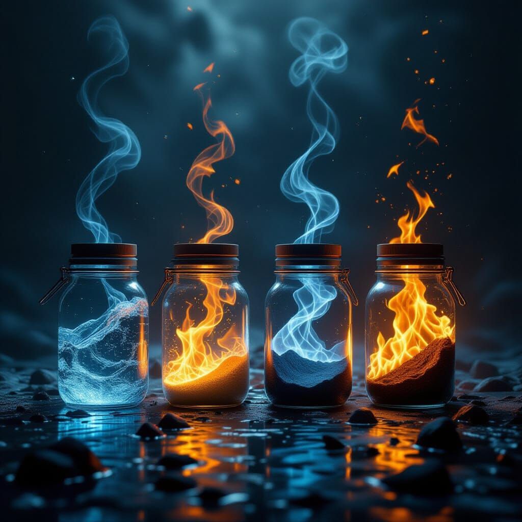 Four Elements Trapped in Jars, Dark Enchanted Realism
