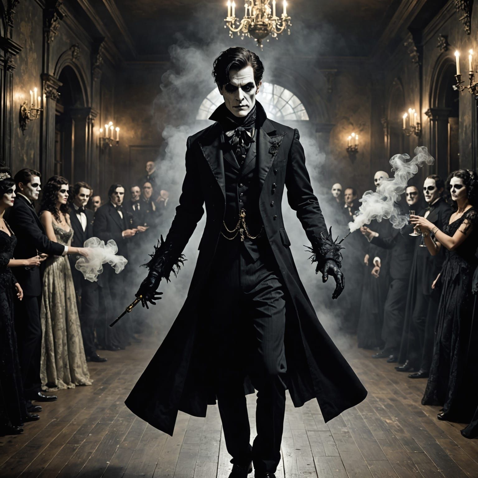 Haunted masquerade ball as the clock strikes midnight. Ghosts of the past year returning to dance one last time. Gothic décor with shimmerin...