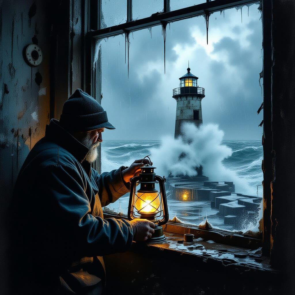  peeling paint and worn wooden beams. Outside, a fierce storm rages, with crashing waves and a desolate, post-apocalyptic coastline visible ...