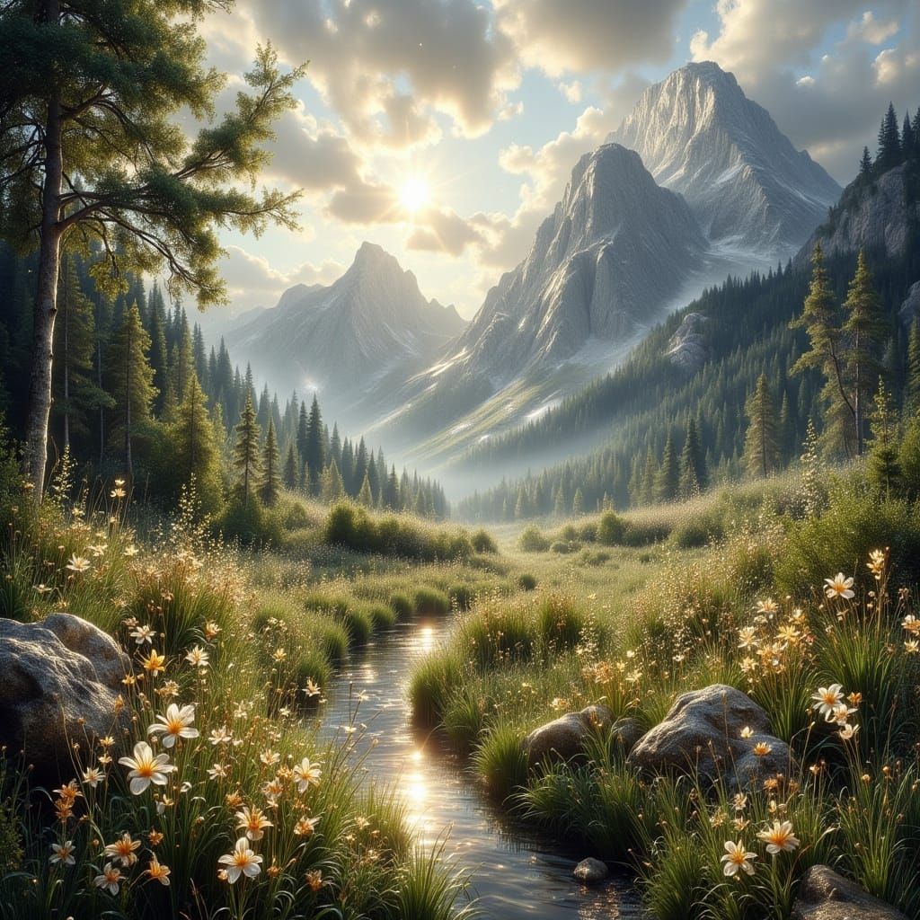 The awakening of a new world, transformation of a grey dark featureless plain into a symphony of color, lush green vegetation, blossoming fl...